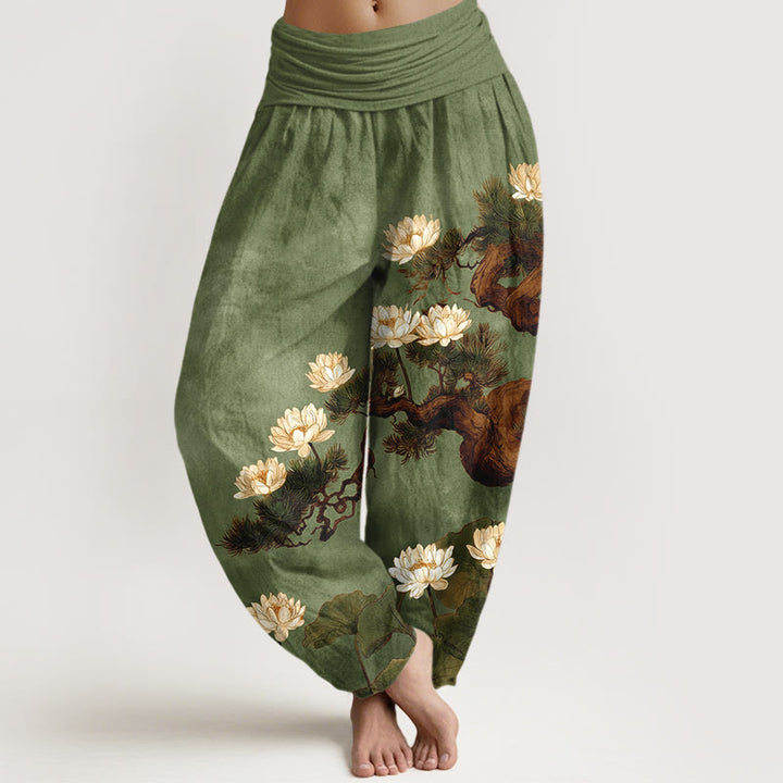 Buddha Stones Elegante Haremshose aus reiner Baumwolle mit Kiefern- und Lotusblütenmuster sowie elastischem Bund. - Olivgrün - US16, UK/AU20, EU48 (3XL) - image 5