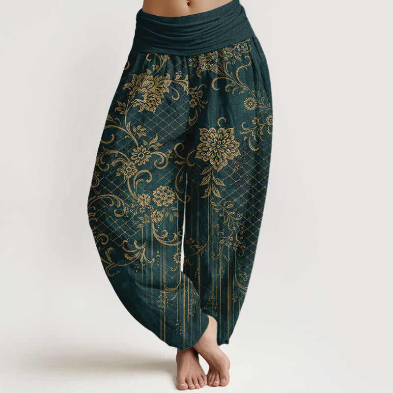 Buddha Stones Haremshose aus reiner Baumwolle mit klassischem Blumen-, Blatt- und Rankenmuster, elastischem Bund für Damen - Dunkelgrün - US16, UK/AU20, EU48 (3XL) - image 0