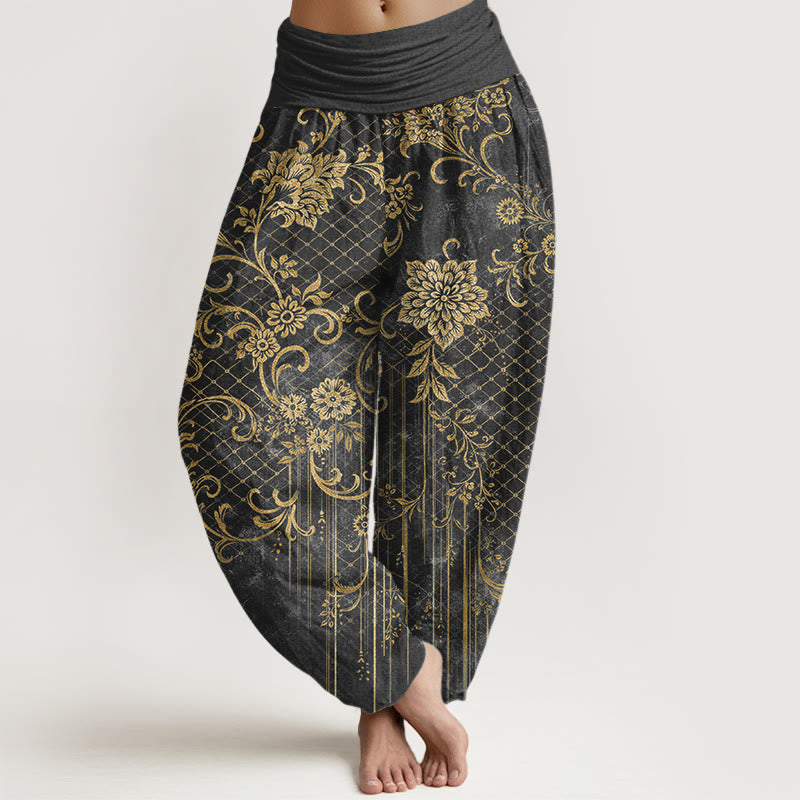 Buddha Stones Haremshose aus reiner Baumwolle mit klassischem Blumen-, Blatt- und Rankenmuster, elastischem Bund für Damen - DimGray - US16, UK/AU20, EU48 (3XL) - image 5