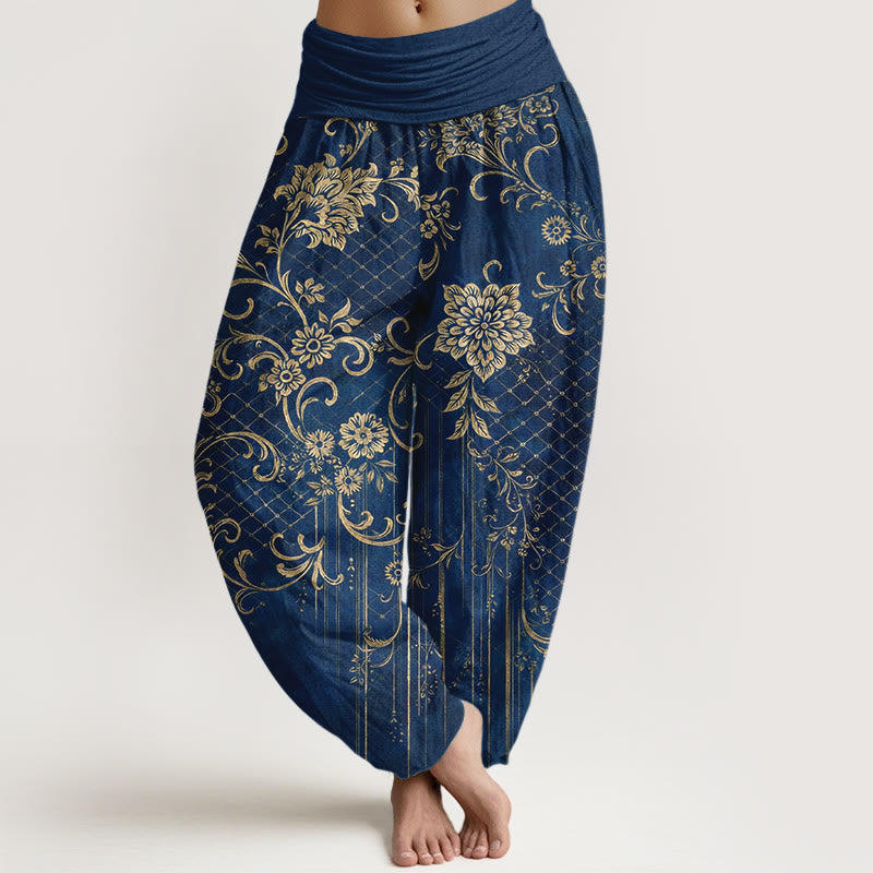 Buddha Stones Haremshose aus reiner Baumwolle mit klassischem Blumen-, Blatt- und Rankenmuster, elastischem Bund für Damen - Dunkelblau - US16, UK/AU20, EU48 (3XL) - image 8