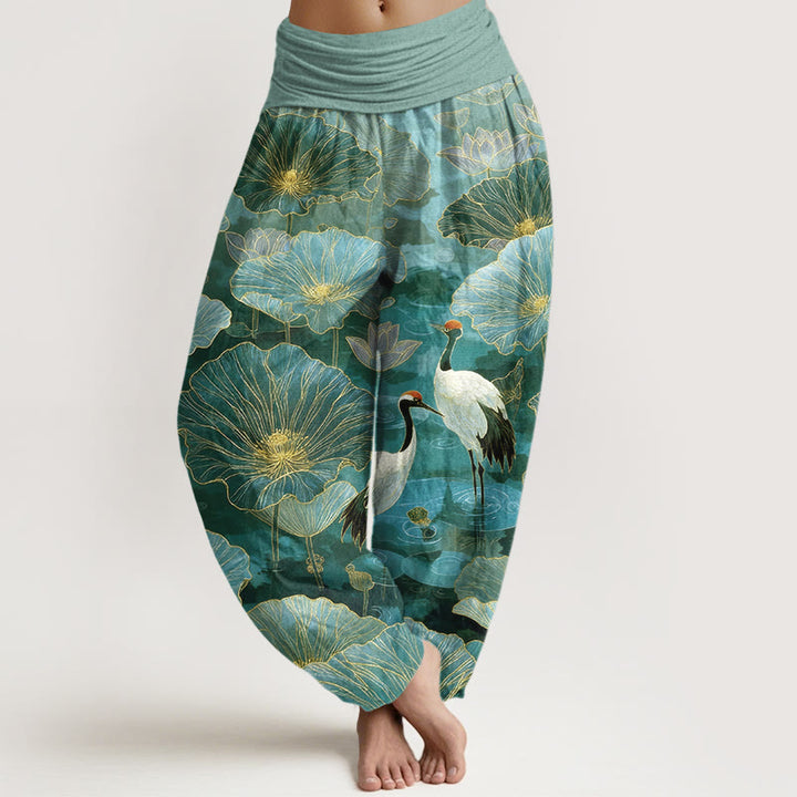 Buddha Stones Elegante Haremshose aus reiner Baumwolle mit Kranich-, Lotusblumen- und Blattmuster sowie elastischem Bund für Damen - Mittelaquamarin - US16, UK/AU20, EU48 (3XL) - image 0