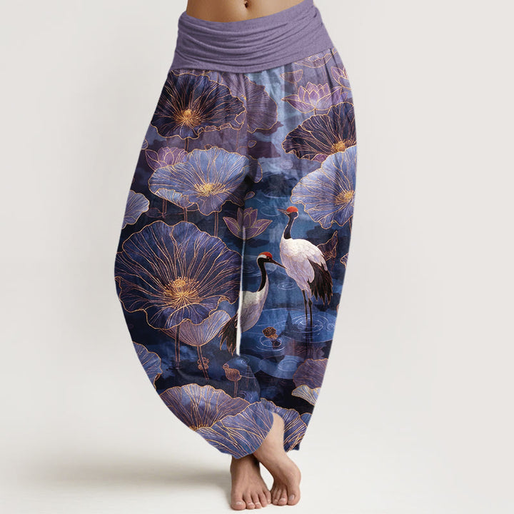Buddha Stones Elegante Haremshose aus reiner Baumwolle mit Kranich-, Lotusblumen- und Blattmuster sowie elastischem Bund für Damen - Mittelviolett - US16, UK/AU20, EU48 (3XL) - image 5