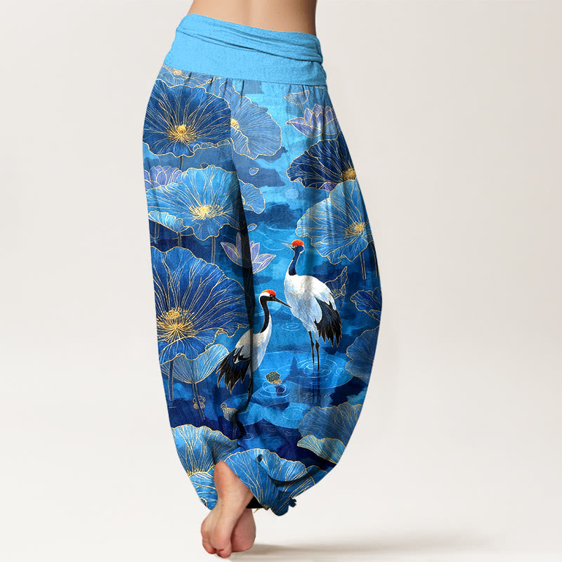 Buddha Stones Elegante Haremshose aus reiner Baumwolle mit Kranich-, Lotusblumen- und Blattmuster sowie elastischem Bund für Damen - image 9
