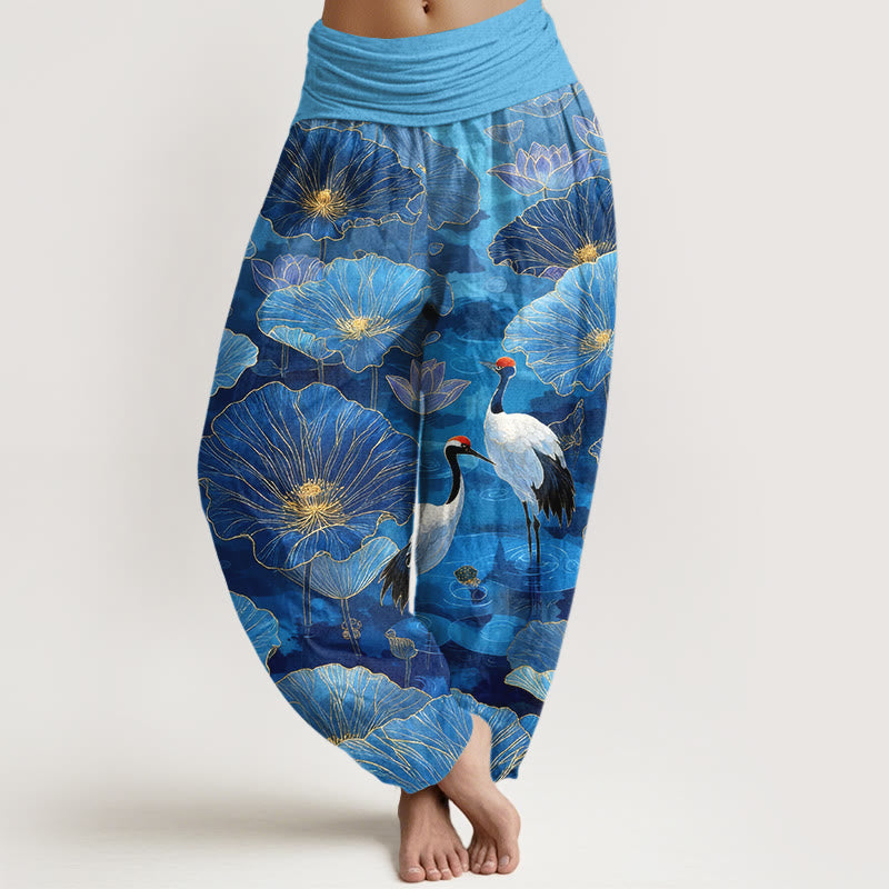 Buddha Stones Elegante Haremshose aus reiner Baumwolle mit Kranich-, Lotusblumen- und Blattmuster sowie elastischem Bund für Damen - Tiefblau - US16, UK/AU20, EU48 (3XL) - image 8