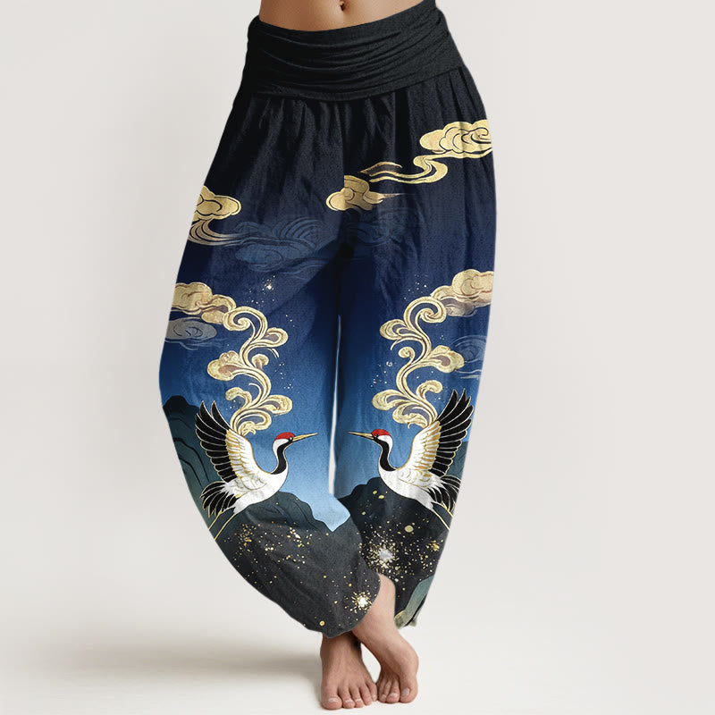 Buddha Stones Damen-Haremshose aus reiner Baumwolle mit buntem Kranich-, Wolken- und Bergmuster sowie elastischem Bund - Dunkelblau - US16, UK/AU20, EU48 (3XL) - image 0