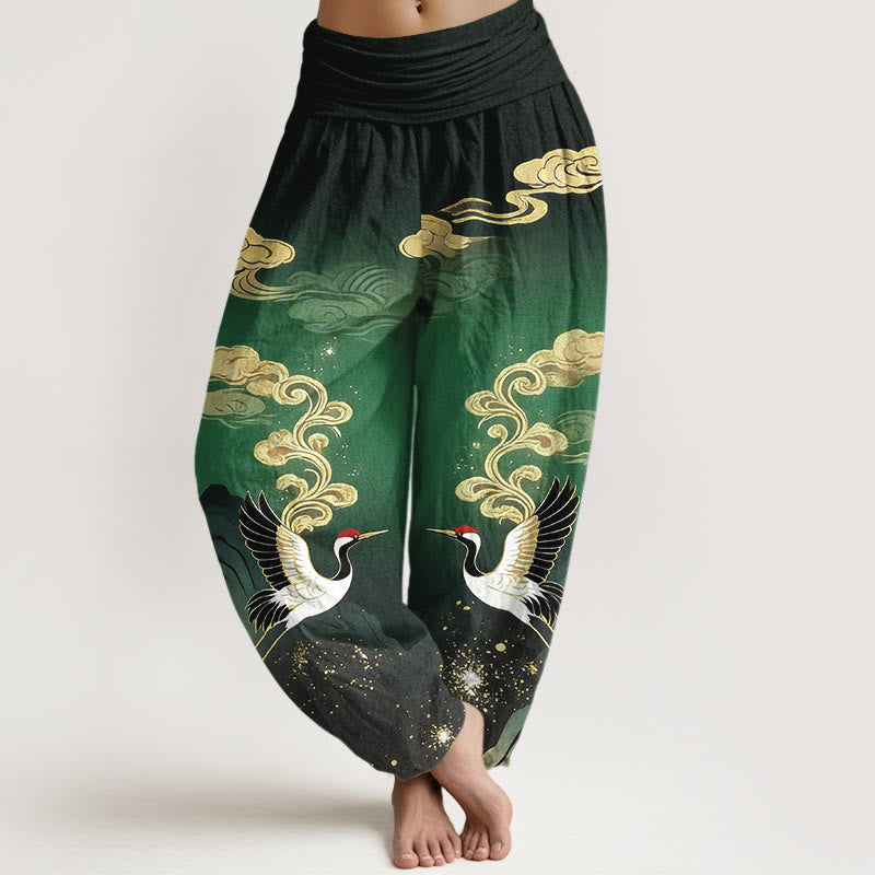Buddha Stones Damen-Haremshose aus reiner Baumwolle mit buntem Kranich-, Wolken- und Bergmuster sowie elastischem Bund - Grün - US16, UK/AU20, EU48 (3XL) - image 5