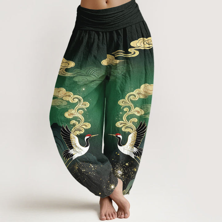 Buddha Stones Damen-Haremshose aus reiner Baumwolle mit buntem Kranich-, Wolken- und Bergmuster sowie elastischem Bund - Grün - US16, UK/AU20, EU48 (3XL) - image 5