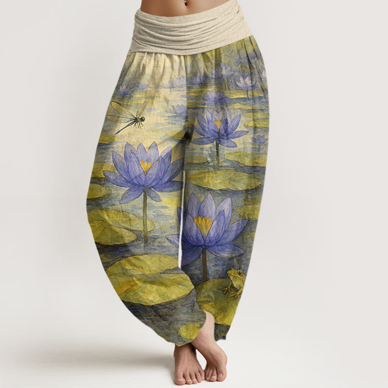 Buddha Stones Reine Baumwolle, frisches, elegantes Lotusblumen-, Blatt-, Libellen- und Froschmuster, Damen-Haremshose mit elastischem Bund - Zitronen-Chiffon - US16, UK/AU20, EU48 (3XL) - image 5
