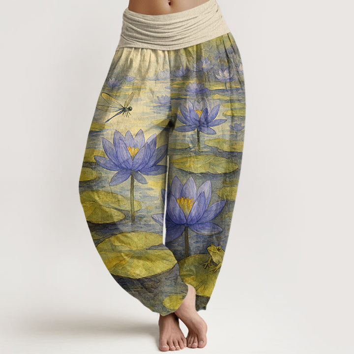 Buddha Stones Reine Baumwolle, frisches, elegantes Lotusblumen-, Blatt-, Libellen- und Froschmuster, Damen-Haremshose mit elastischem Bund - Zitronen-Chiffon - US16, UK/AU20, EU48 (3XL) - image 5