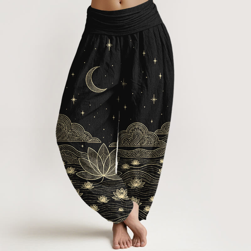 Buddha Stones Elegante Haremshose aus reiner Baumwolle mit Mond-, Sternen-, Wolken-, Lotusblumen- und Wasserwellenmuster, elastischem Bund. - Schwarz - US16, UK/AU20, EU48 (3XL) - image 0