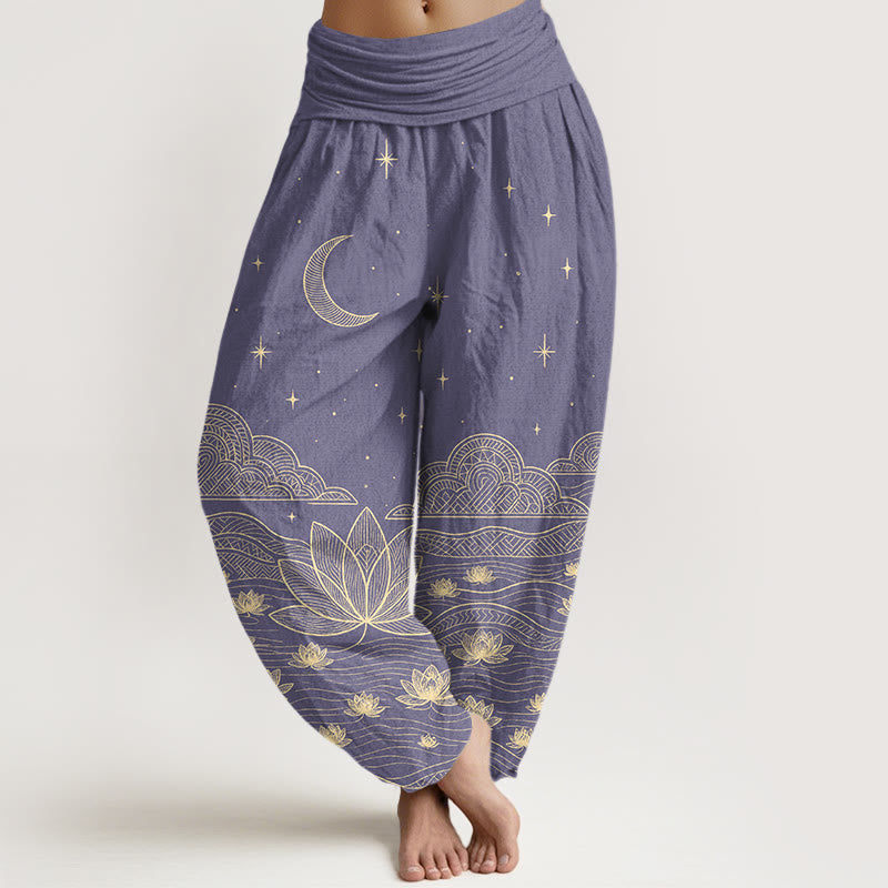 Buddha Stones Elegante Haremshose aus reiner Baumwolle mit Mond-, Sternen-, Wolken-, Lotusblumen- und Wasserwellenmuster, elastischem Bund. - Mittelviolett - US16, UK/AU20, EU48 (3XL) - image 8