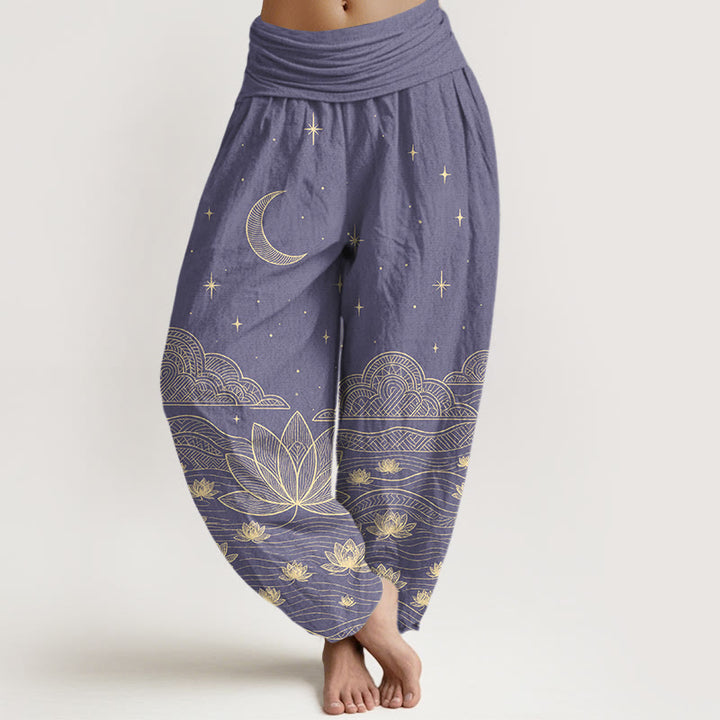 Buddha Stones Elegante Haremshose aus reiner Baumwolle mit Mond-, Sternen-, Wolken-, Lotusblumen- und Wasserwellenmuster, elastischem Bund. - Mittelviolett - US16, UK/AU20, EU48 (3XL) - image 8