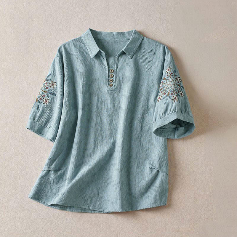 Lässiges Damen-T-Shirt mit Buddha Stones, floralem Muster und kurzen Ärmeln - Himmelblau - US12, UK/AU16, EU44 (3XL) - image 8