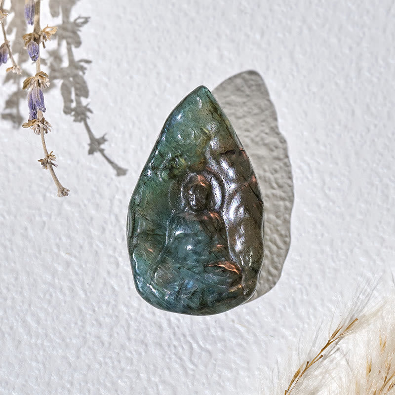 Buddha Stones Buddha-Figur aus natürlichem Labradorit in Tropfenform, graviert, Heilstatue, Heimdekoration - image 1