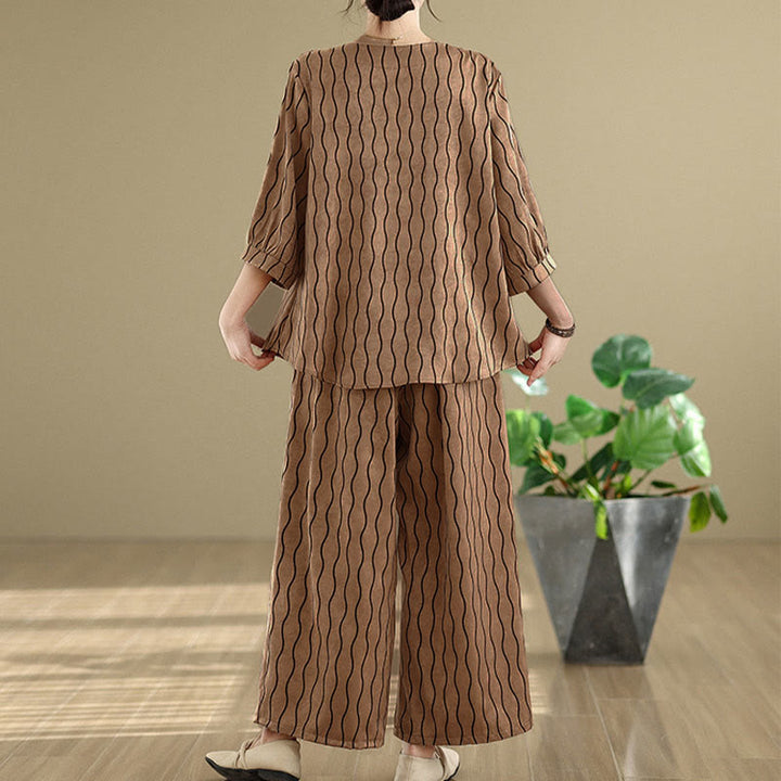 Buddha Stones 2-teiliges Set aus gestreiftem Kurzarmhemd aus Polyester und Haremshose (Länge 7) mit Tasche - image 3