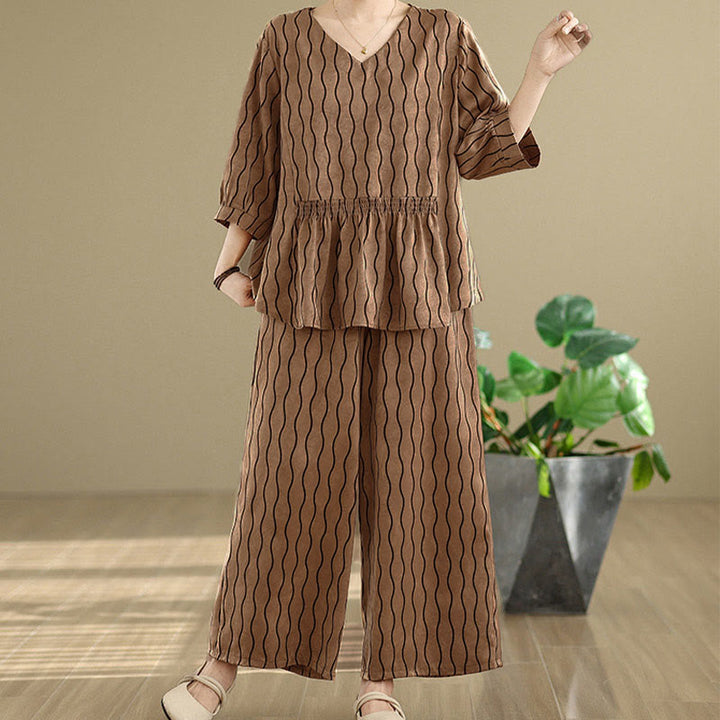 Buddha Stones 2-teiliges Set aus gestreiftem Kurzarmhemd aus Polyester und Haremshose (Länge 7) mit Tasche - Peru - US12, UK/AU16, EU44 (3XL) - image 0