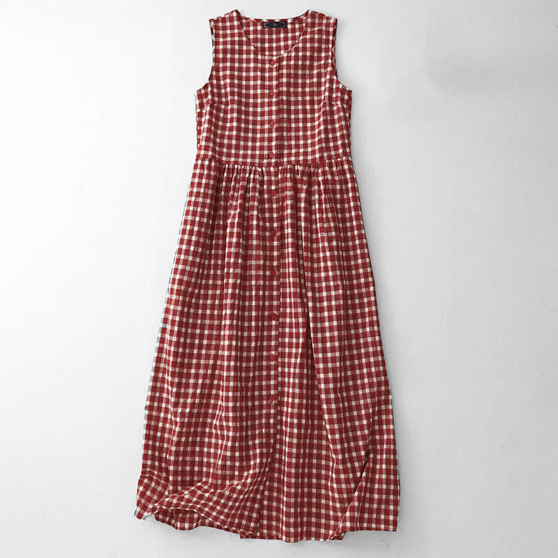 Buddha Stones Kariertes ärmelloses Sommer-Midikleid mit Taschen - Feuerfestziegel - US12, UK/AU16, EU44 (2XL) - image 0