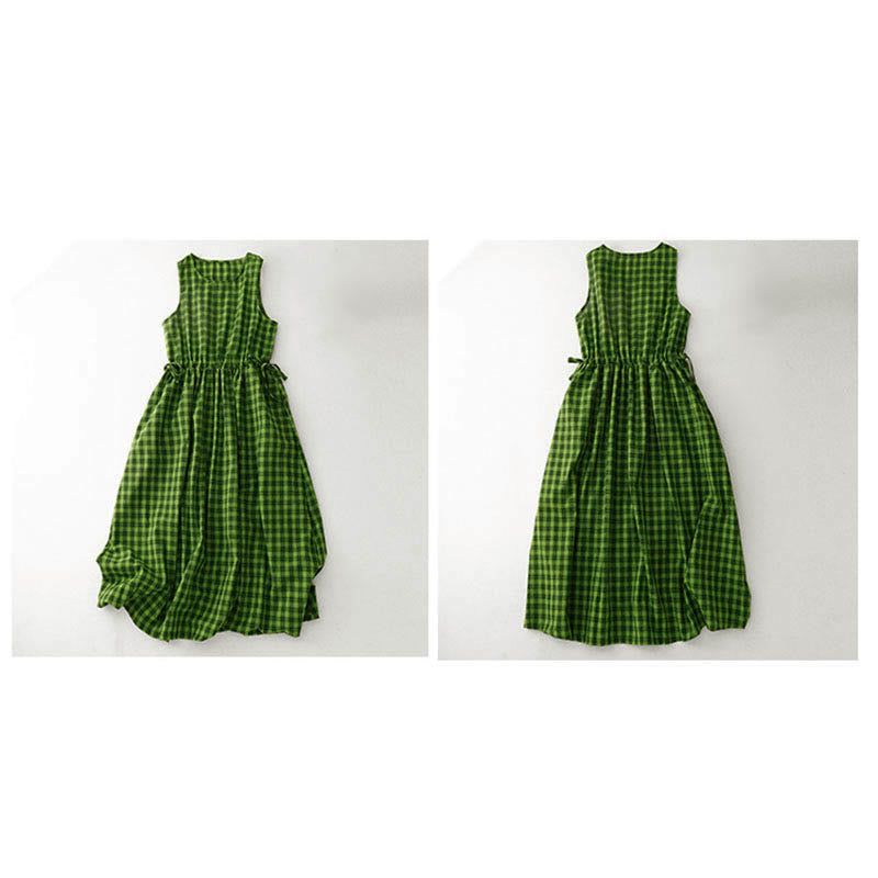 Buddha Stones Ärmelloses kariertes Sommer-Midikleid mit Taschen - image 14