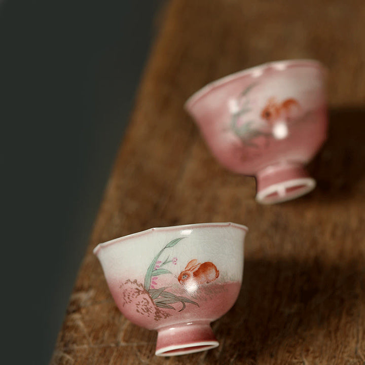 Buddha Stones Handbemalte Keramik-Teetasse mit Kaninchen-, Orchideen- und Begonienmotiv, Kung-Fu-Teetasse, 75 ml - image 5