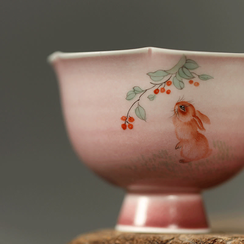 Buddha Stones Handbemalte Keramik-Teetasse mit Kaninchen-, Orchideen- und Begonienmotiv, Kung-Fu-Teetasse, 75 ml - image 6