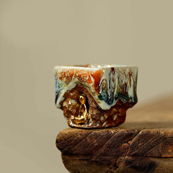 Buddha Stones Handbemalte Dunhuang-Teetasse aus Shino-Keramik mit meditierendem Buddha (Kung-Fu-Teetasse) - Meditierender Buddha 6 cm × 6 cm × 75 ml - image 0