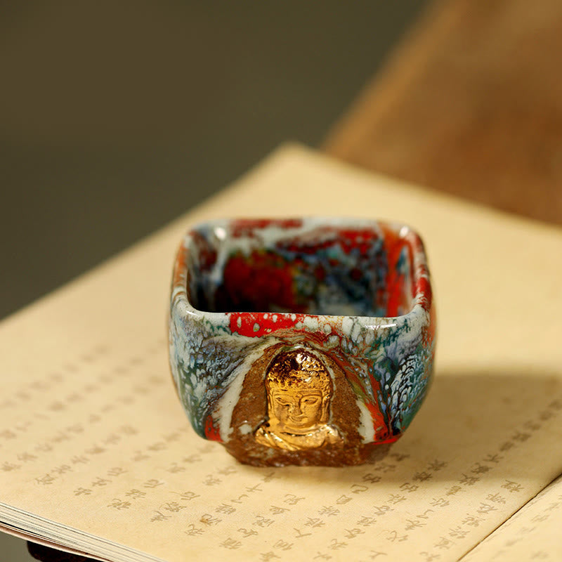 Buddha Stones Handbemalte Dunhuang-Teetasse aus Shino-Keramik mit meditierendem Buddha (Kung-Fu-Teetasse) - Buddha 7 cm × 5,5 cm × 125 ml - image 7