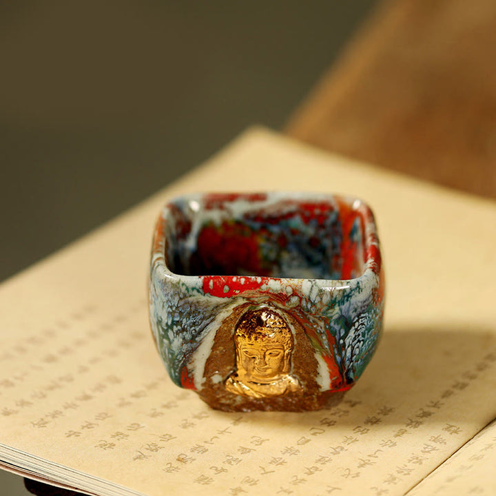 Buddha Stones Handbemalte Dunhuang-Teetasse aus Shino-Keramik mit meditierendem Buddha (Kung-Fu-Teetasse) - Buddha 7 cm × 5,5 cm × 125 ml - image 7