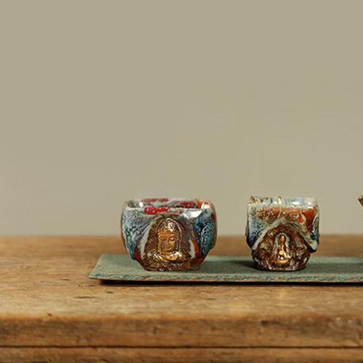 Buddha Stones Handbemalte Dunhuang-Teetasse aus Shino-Keramik mit meditierendem Buddha (Kung-Fu-Teetasse) - image 15