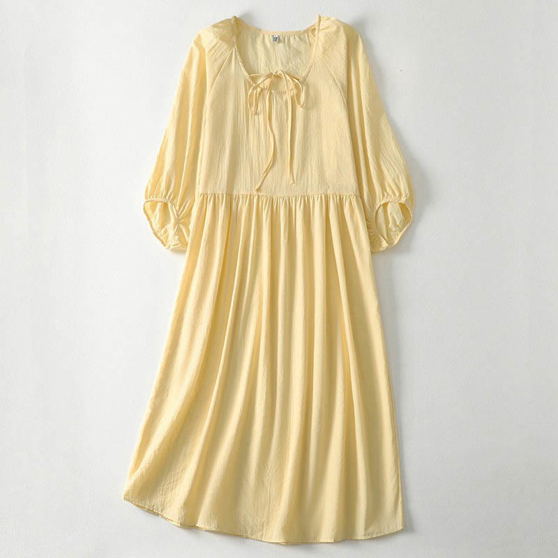 Buddha Stones Frühlingshaftes, einfarbiges Midikleid für Damen mit Schnürung, Rundhalsausschnitt und Dreiviertelärmeln - Zitronen-Chiffon - US12, UK/AU16, EU44 (2XL) - image 11