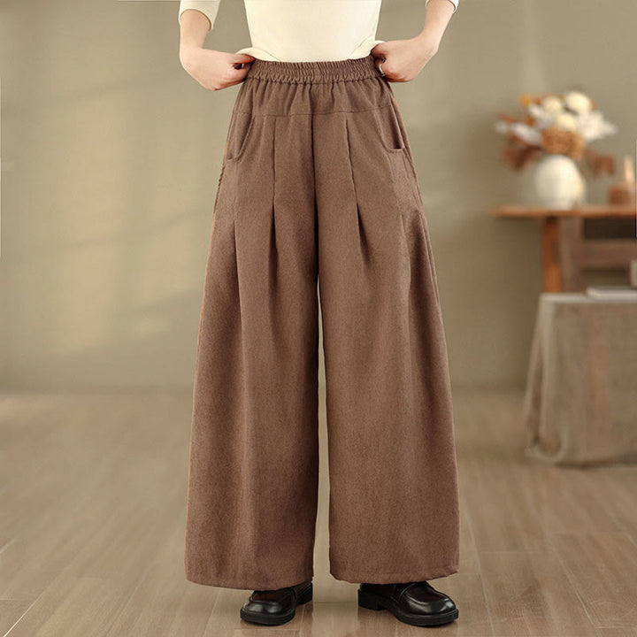 Buddha Stones Frühlingshafte, schlichte, braune Cordhose für Damen mit weitem Bein und Taschen - image 2