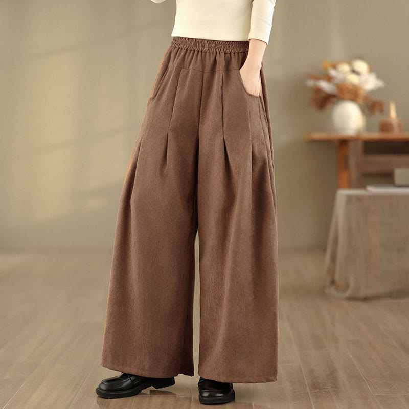 Buddha Stones Frühlingshafte, schlichte, braune Cordhose für Damen mit weitem Bein und Taschen - image 3