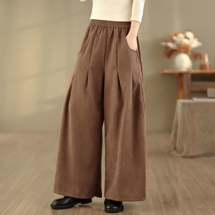 Buddha Stones Frühlingshafte, schlichte, braune Cordhose für Damen mit weitem Bein und Taschen - image 3