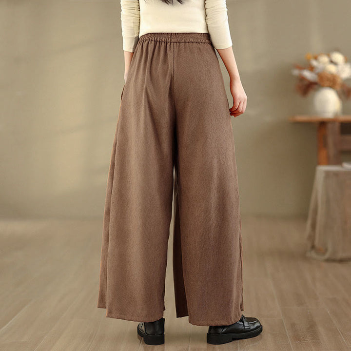 Buddha Stones Frühlingshafte, schlichte, braune Cordhose für Damen mit weitem Bein und Taschen - image 4