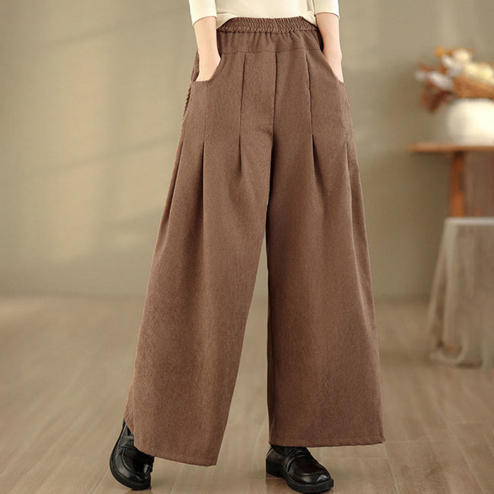 Buddha Stones Frühlingshafte, schlichte, braune Cordhose für Damen mit weitem Bein und Taschen - image 1