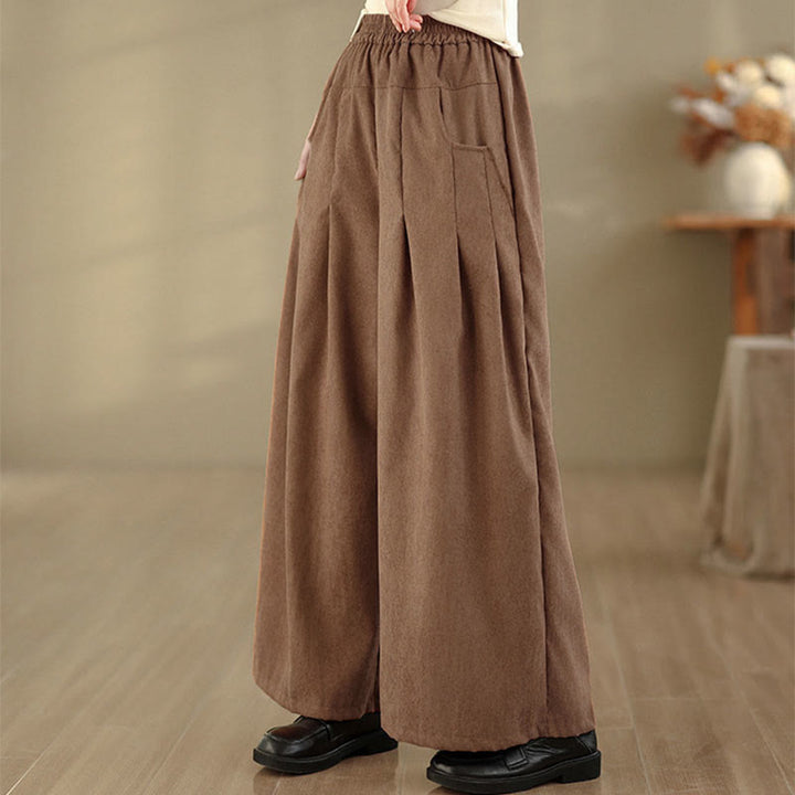 Buddha Stones Frühlingshafte, schlichte, braune Cordhose für Damen mit weitem Bein und Taschen - image 5