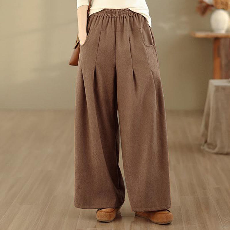 Buddha Stones Frühlingshafte, schlichte, braune Cordhose für Damen mit weitem Bein und Taschen - image 6