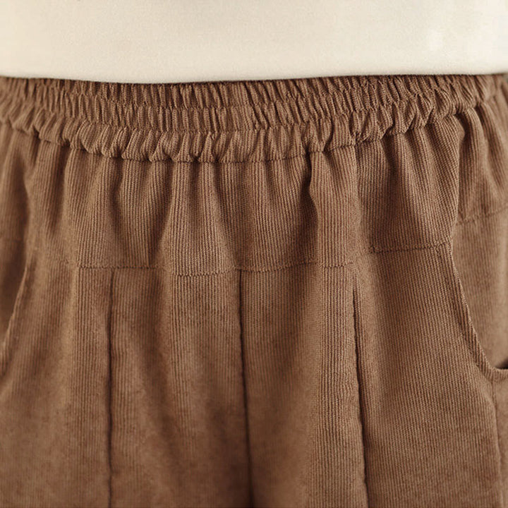Buddha Stones Frühlingshafte, schlichte, braune Cordhose für Damen mit weitem Bein und Taschen - image 7