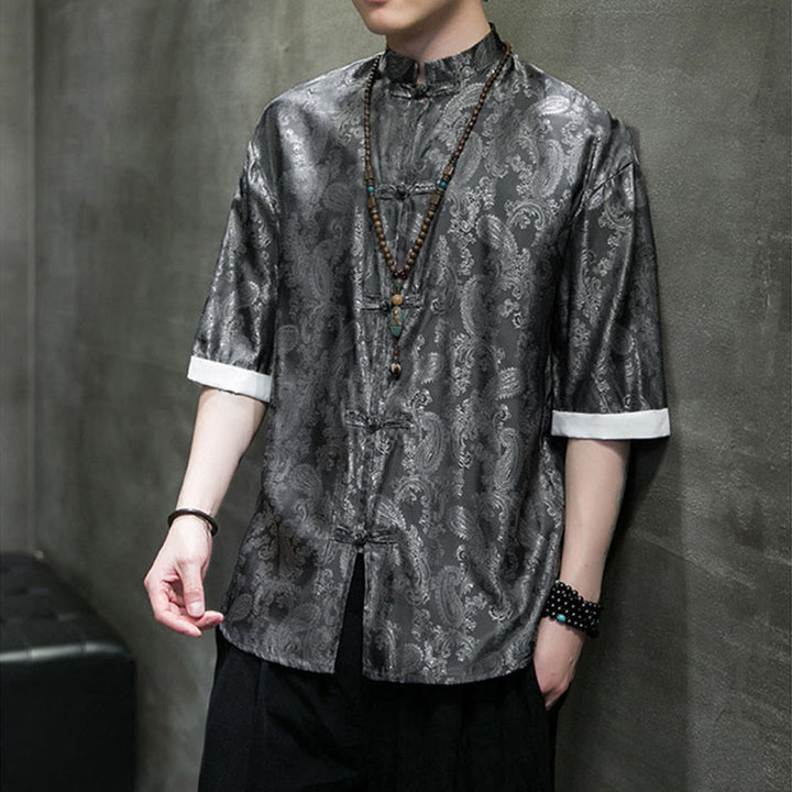 Buddha Stones Herrenhemd mit halben Ärmeln und Froschknopfleiste, Sommer-Cashew-Blumenmuster - image 4