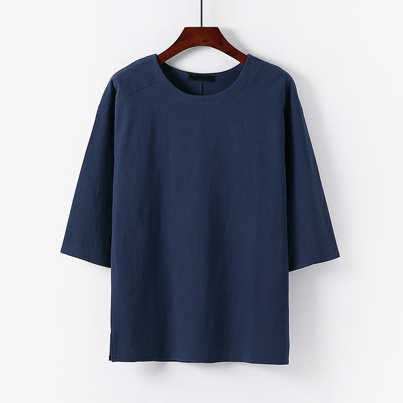 Buddha Stones Lässiges Sommer-T-Shirt für Herren mit Rundhalsausschnitt und halben Ärmeln aus Baumwoll-Leinen-Mischgewebe - SteelBlue - US/ UK/AU54, EU64 (9XL) - image 8