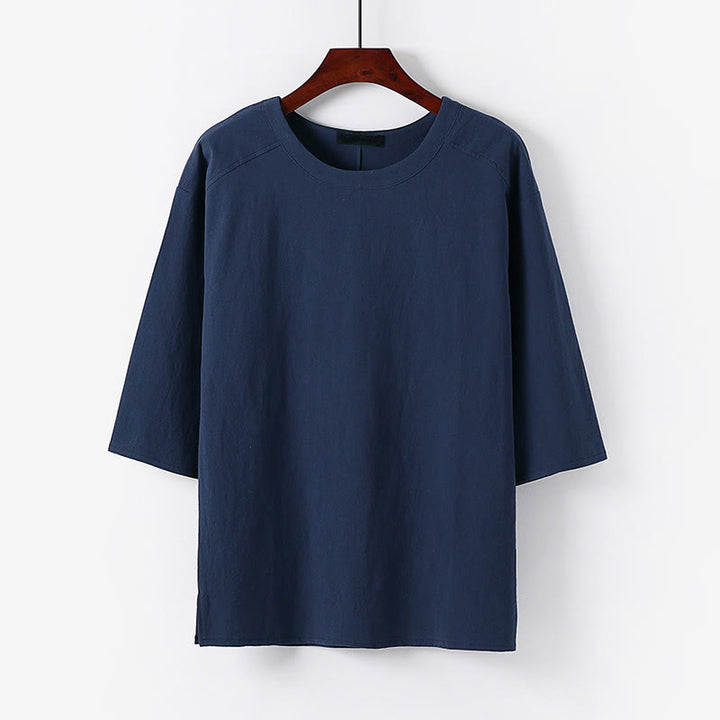 Buddha Stones Lässiges Sommer-T-Shirt für Herren mit Rundhalsausschnitt und halben Ärmeln aus Baumwoll-Leinen-Mischgewebe - SteelBlue - US/ UK/AU54, EU64 (9XL) - image 8