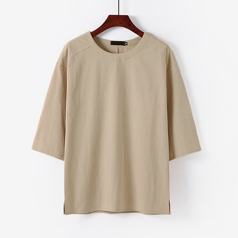 Buddha Stones Lässiges Sommer-T-Shirt für Herren mit Rundhalsausschnitt und halben Ärmeln aus Baumwoll-Leinen-Mischgewebe - Biskuit - US/ UK/AU54, EU64 (9XL) - image 0