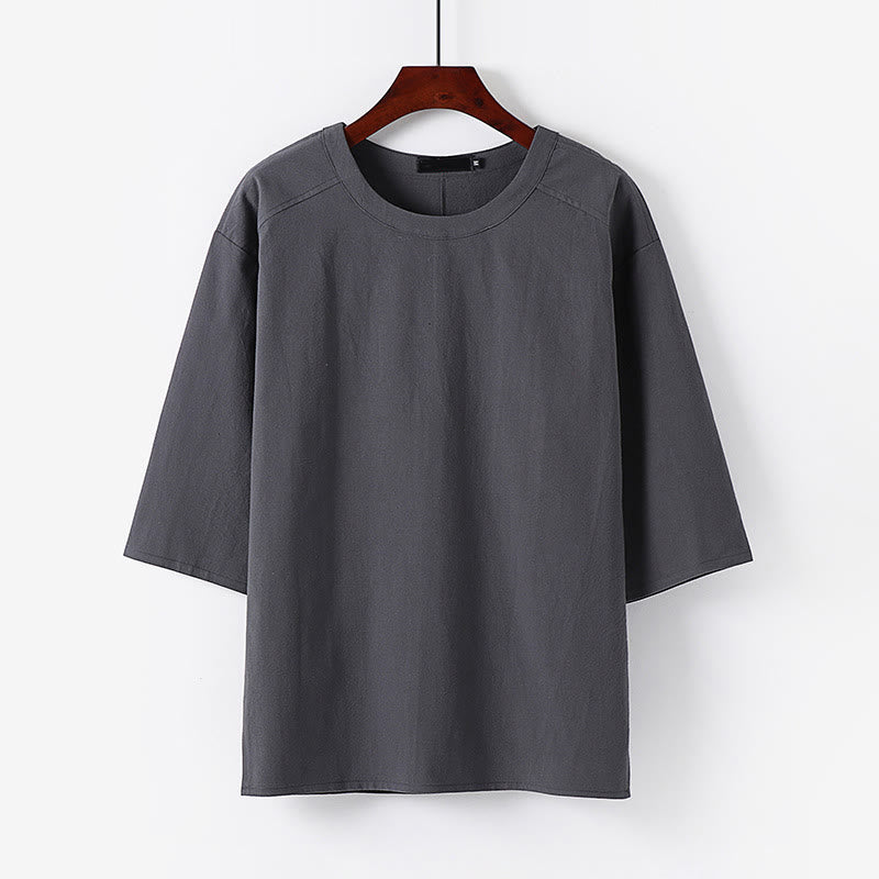 Buddha Stones Lässiges Sommer-T-Shirt für Herren mit Rundhalsausschnitt und halben Ärmeln aus Baumwoll-Leinen-Mischgewebe - Grau - US/ UK/AU54, EU64 (9XL) - image 6