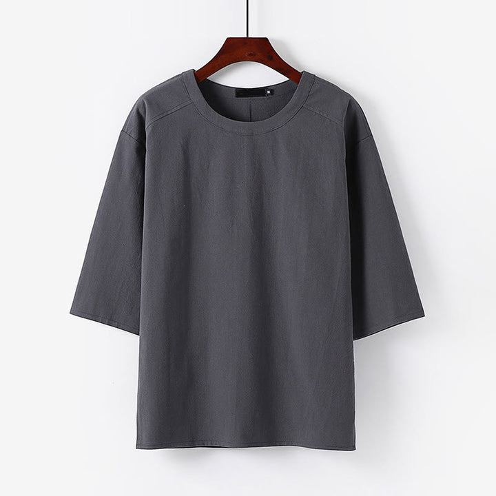 Buddha Stones Lässiges Sommer-T-Shirt für Herren mit Rundhalsausschnitt und halben Ärmeln aus Baumwoll-Leinen-Mischgewebe - Grau - US/ UK/AU54, EU64 (9XL) - image 6