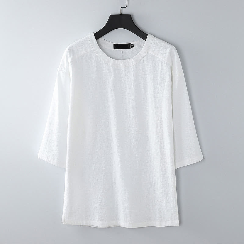 Buddha Stones Lässiges Sommer-T-Shirt für Herren mit Rundhalsausschnitt und halben Ärmeln aus Baumwoll-Leinen-Mischgewebe - Weiß - US/ UK/AU54, EU64 (9XL) - image 9