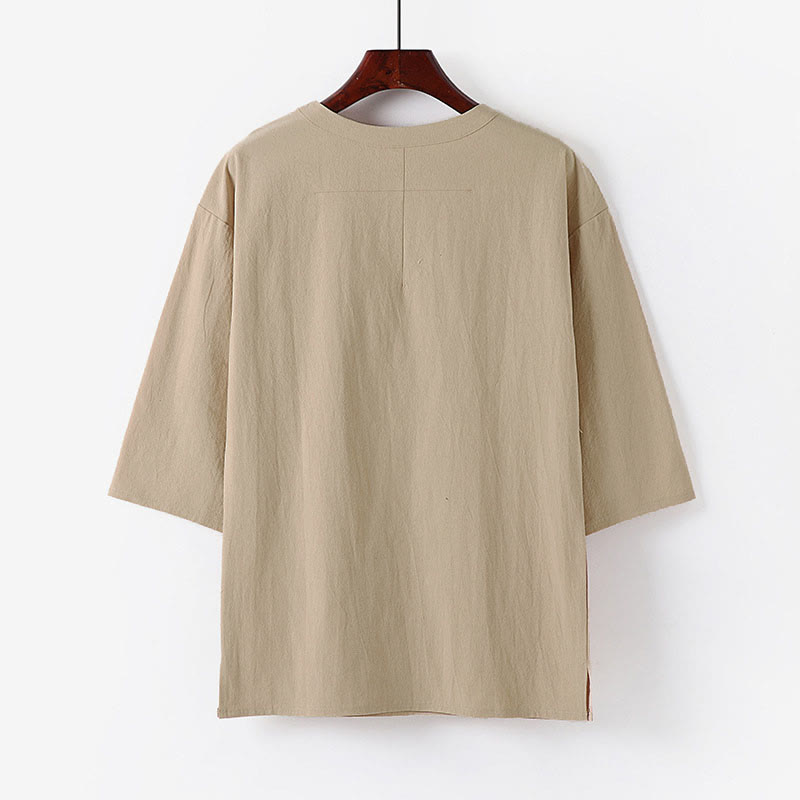 Buddha Stones Lässiges Sommer-T-Shirt für Herren mit Rundhalsausschnitt und halben Ärmeln aus Baumwoll-Leinen-Mischgewebe - image 1