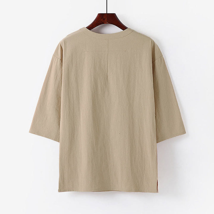 Buddha Stones Lässiges Sommer-T-Shirt für Herren mit Rundhalsausschnitt und halben Ärmeln aus Baumwoll-Leinen-Mischgewebe - image 1