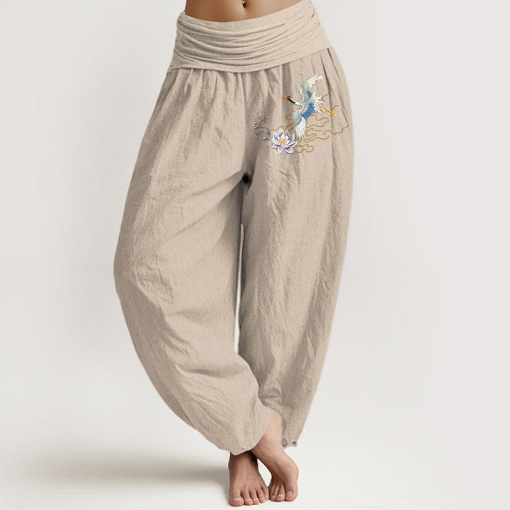 Haremshose für Damen mit Buddha Stones , Kranichen und Lotus-Muster aus reiner Baumwolle und elastischer Taille - Bräunen - US22, UK/AU26, EU54 (6XL) - image 11