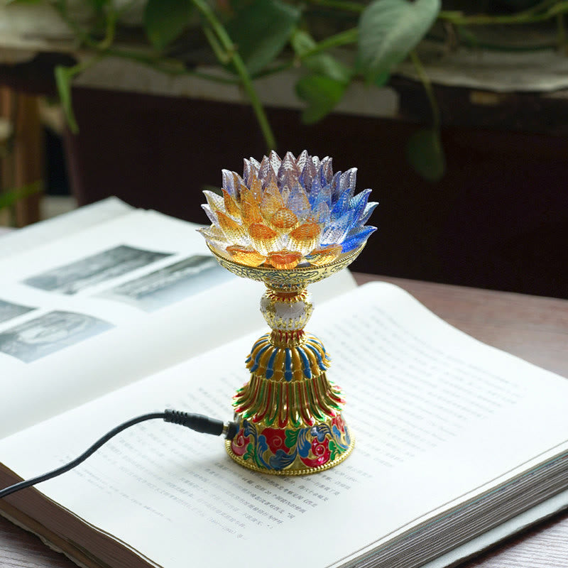 Buddha Stones Lotus Liuli Glassockel mit acht Glückssymbolen – Erleuchtung und Wohnaccessoires - Lotusblume in verschiedenen Farben (9 x 14–16 x 6,8 cm) - Plug-in - image 1
