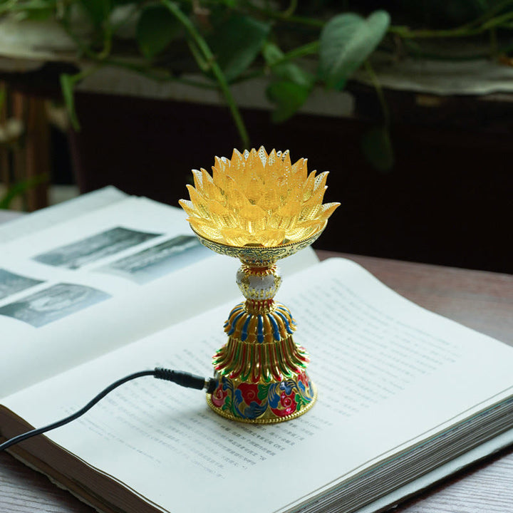 Buddha Stones Lotus Liuli Glassockel mit acht Glückssymbolen – Erleuchtung und Wohnaccessoires - Goldener Lotus (9 x 14–16 x 6,8 cm) - Plug-in - image 2