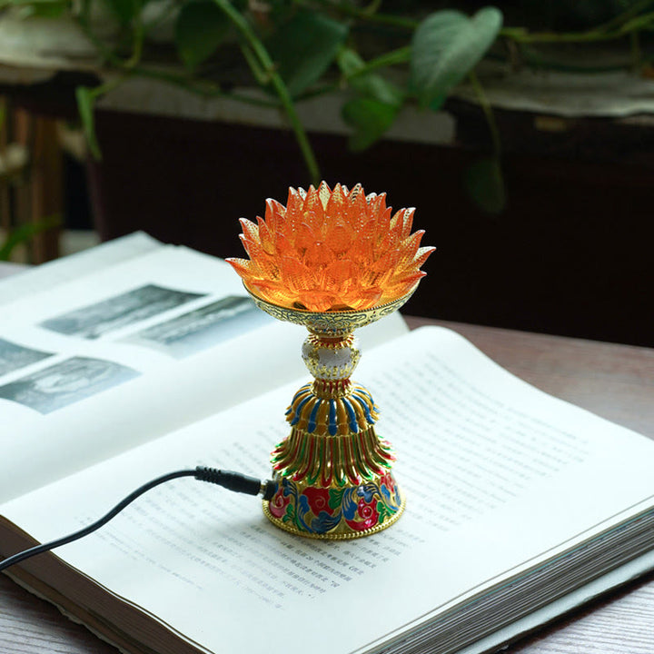 Buddha Stones Lotus Liuli Glassockel mit acht Glückssymbolen – Erleuchtung und Wohnaccessoires - Orangefarbene Lotusblume (9 x 14–16 x 6,8 cm) - Plug-in - image 3